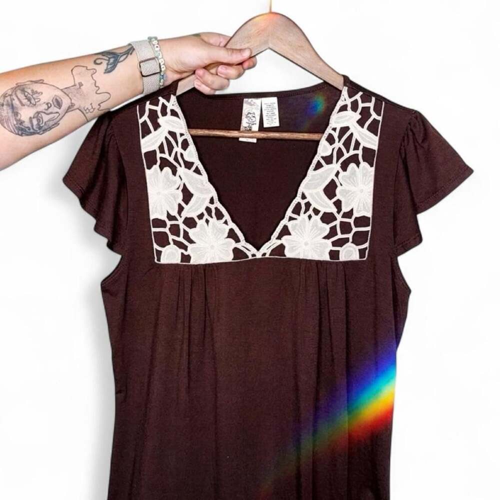 Loft Vintage Lace Trim Flutter Sleeve Top Size Large Brown